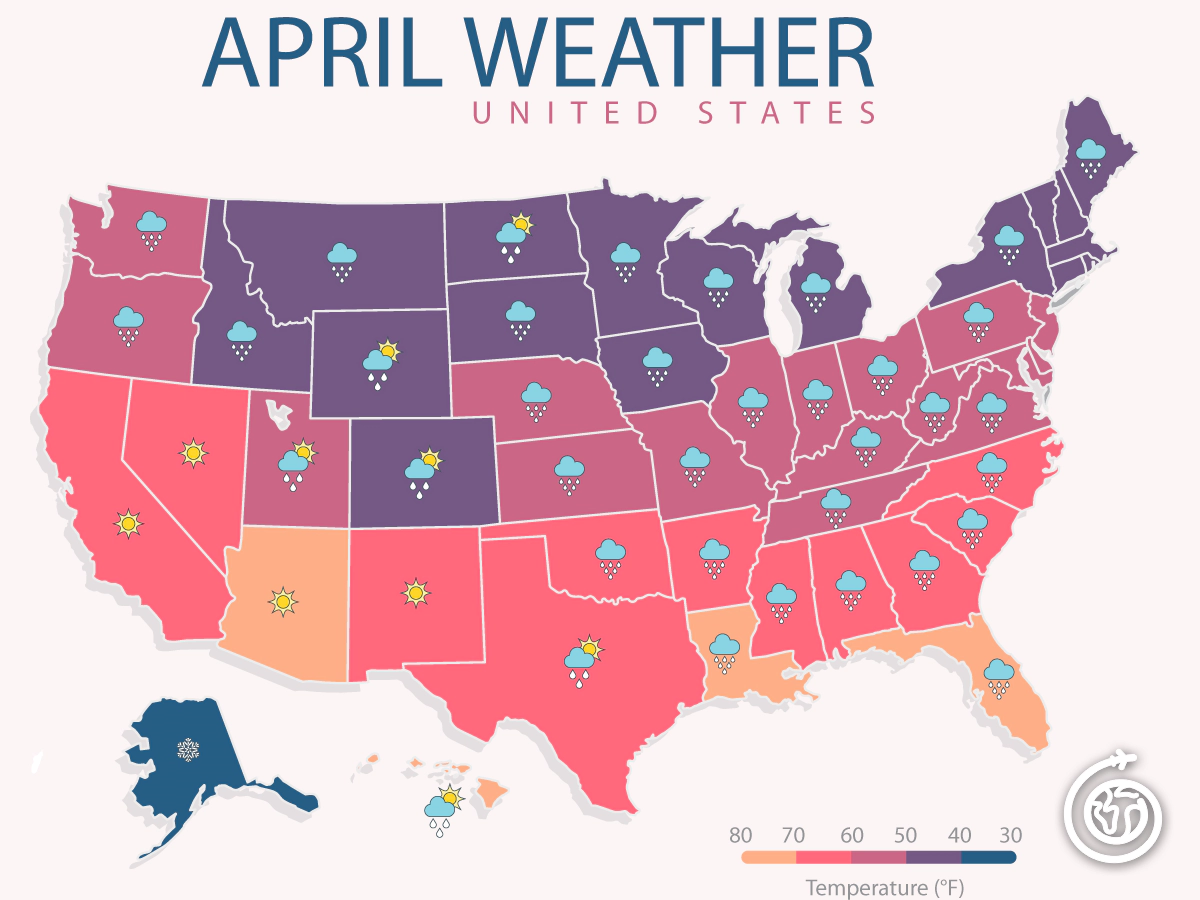 April weather in USA and Average temperature by state